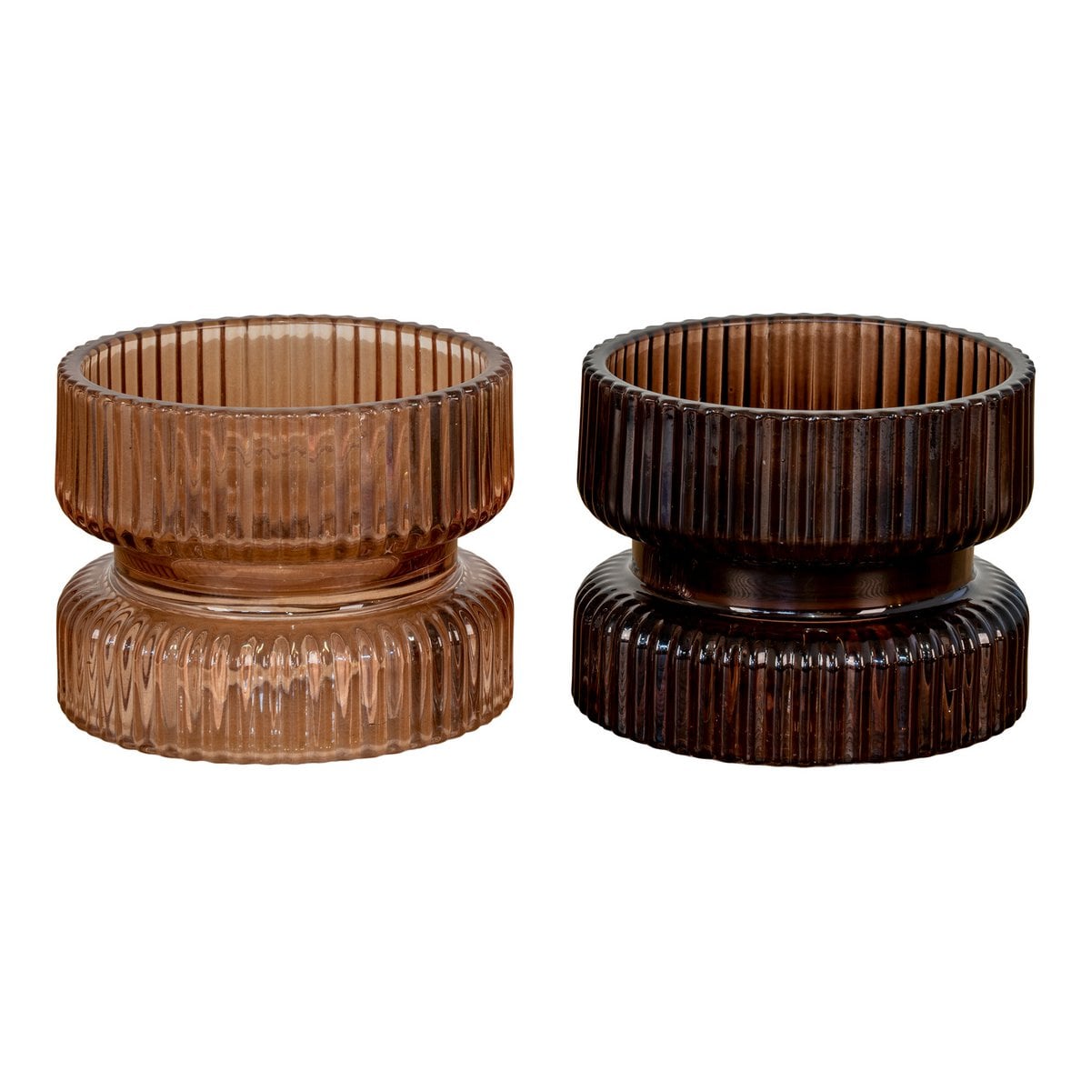Kaarshouder - Amber/Bruin Glas, Ø9x7 cm - Set van 2