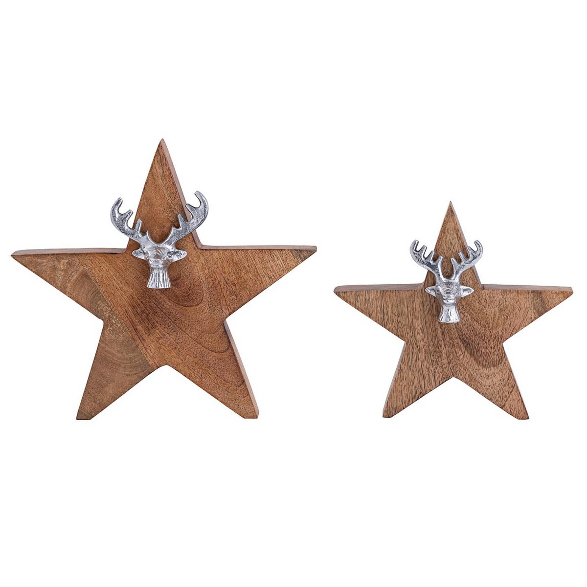 Houten ster decoratie 2 stuks mango hout aluminium 25/19 cm