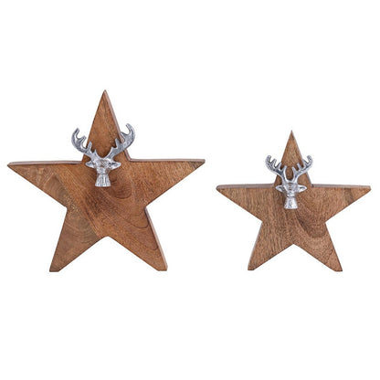 Houten ster decoratie 2 stuks mango hout aluminium 25/19 cm