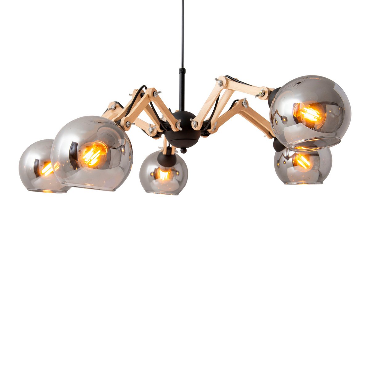 Vijf Glazen Hanglamp Soito Metalen Glas Rubberhout E14