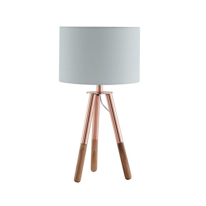 Table lamp with wooden frame and copper/oak fabric shade