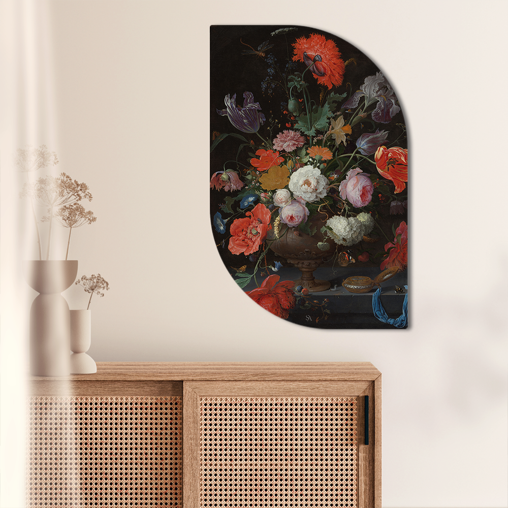 Wanddecoratie stilleven bloemen horloge 40x60 cm Dibond