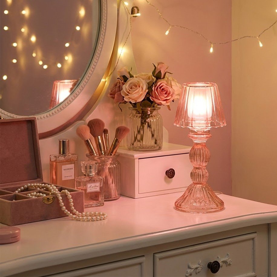 PINK CANDLE HOLDER ON GLASS STAND 9X9X21.5CM