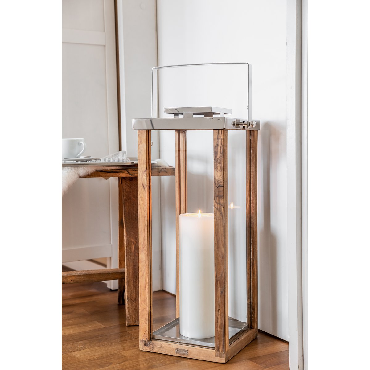 Lantaarn 70 cm hout RVS zilver
