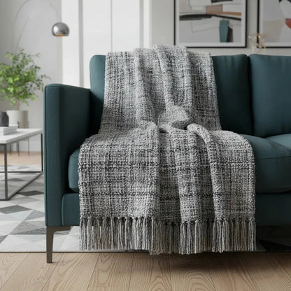 Plaid 130x170 cm grijs geweven met franjes