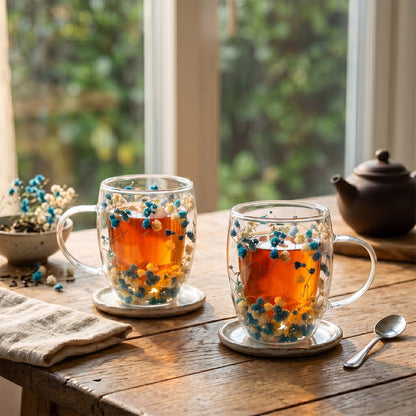 Theekopjes dubbelwandig 350 ml bloemenmotief set van 2
