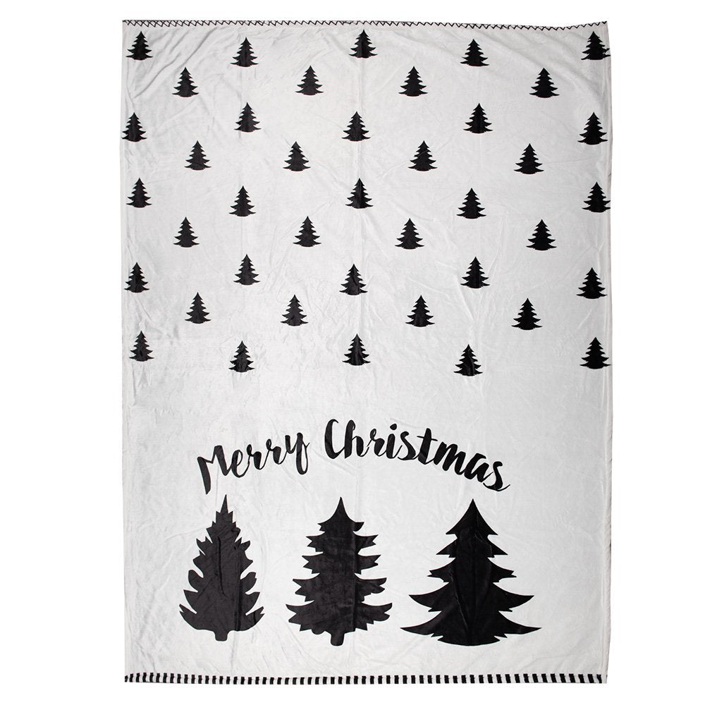 Plaid 130x170 cm wit zwart polyester kerstbomen