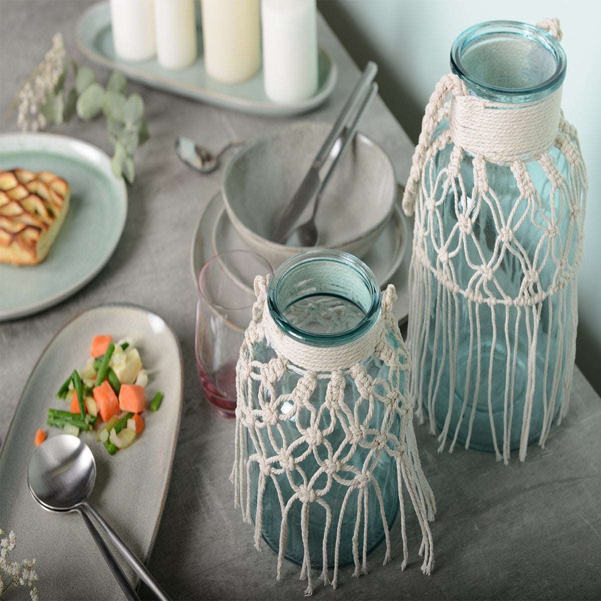 Glazen vaas macrame groen 16,5 cm