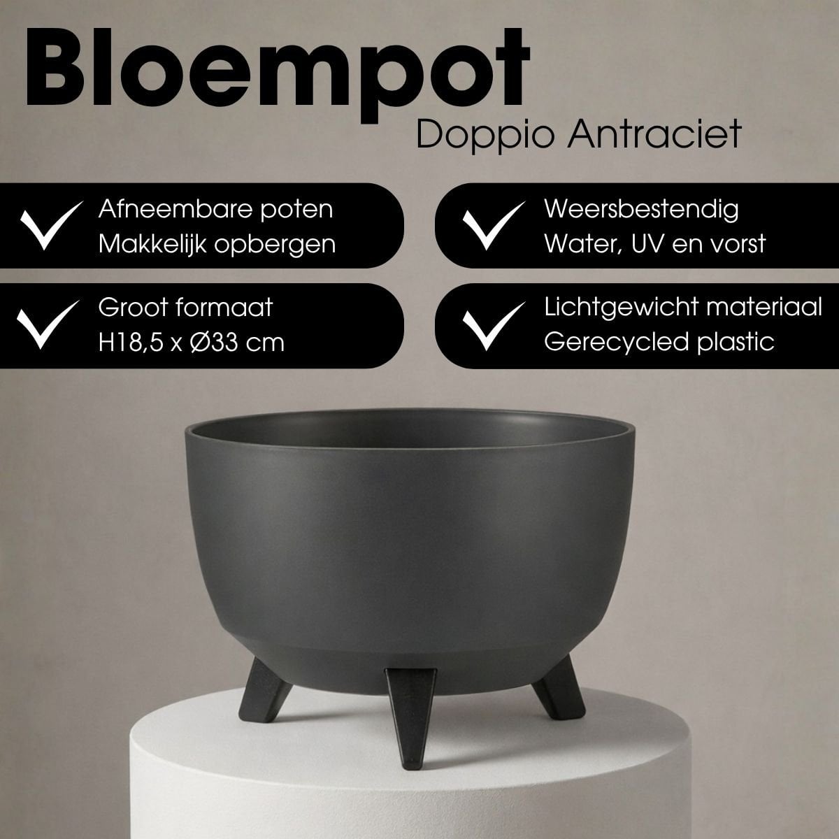 Plantenbak Doppio 33 cm antraciet gerecycled plastic