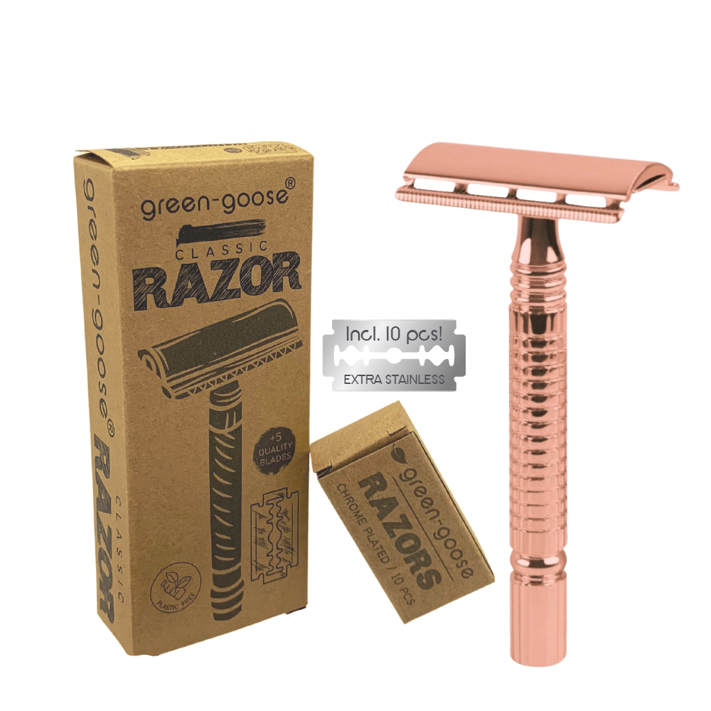 Scheerset safety razor roze goud 10 mesjes