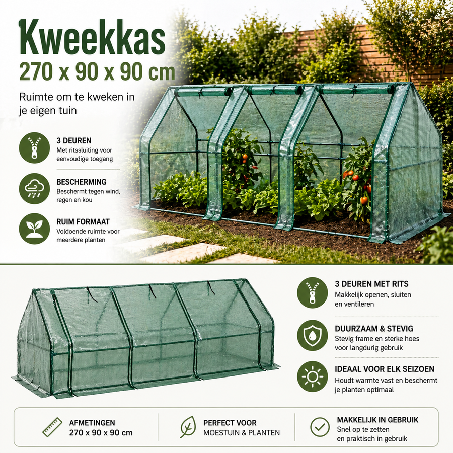 Kweekkas 270x90x90 cm met 3 deuren