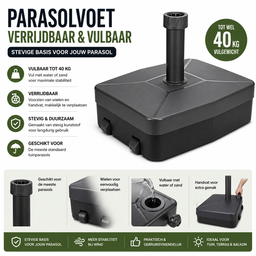 Parasolvoet vulbaar tot 40 kg met wielen