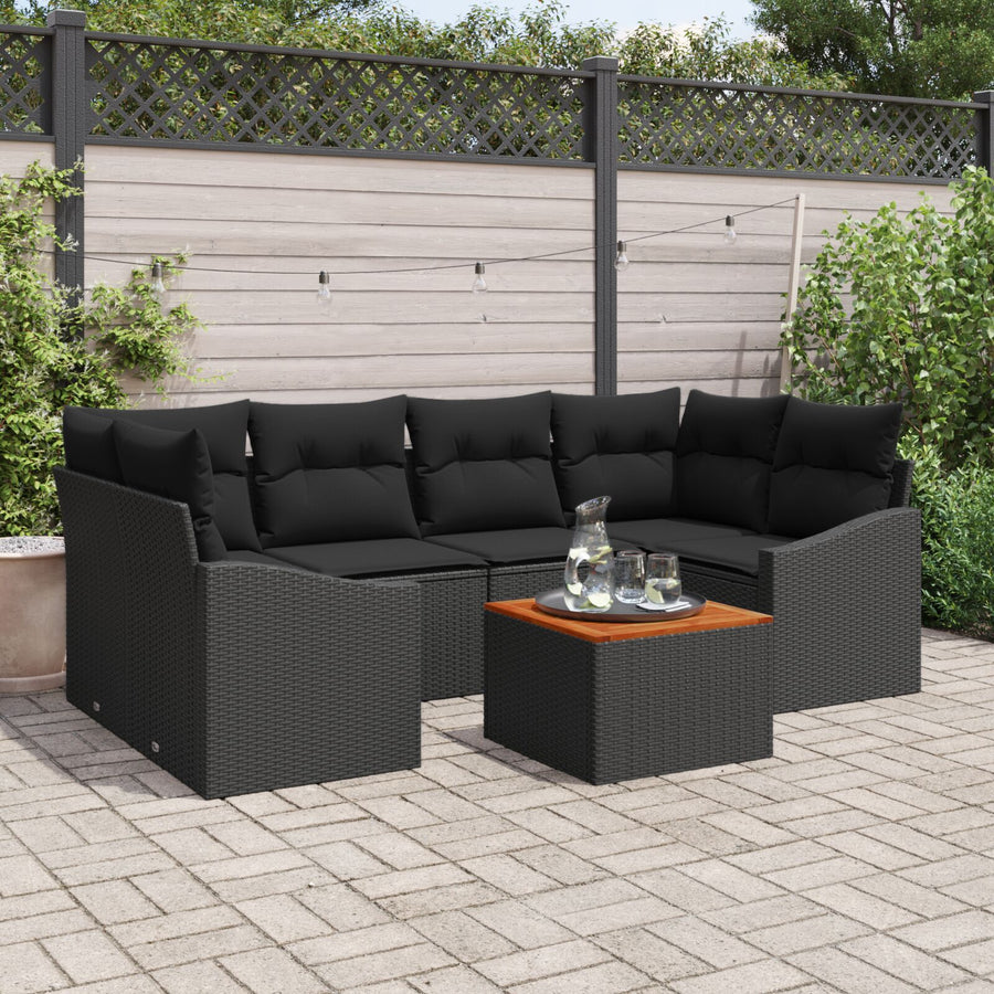 7-Delig Tuinbankstel Met Kussens Zwart Poly Rattan Acacia