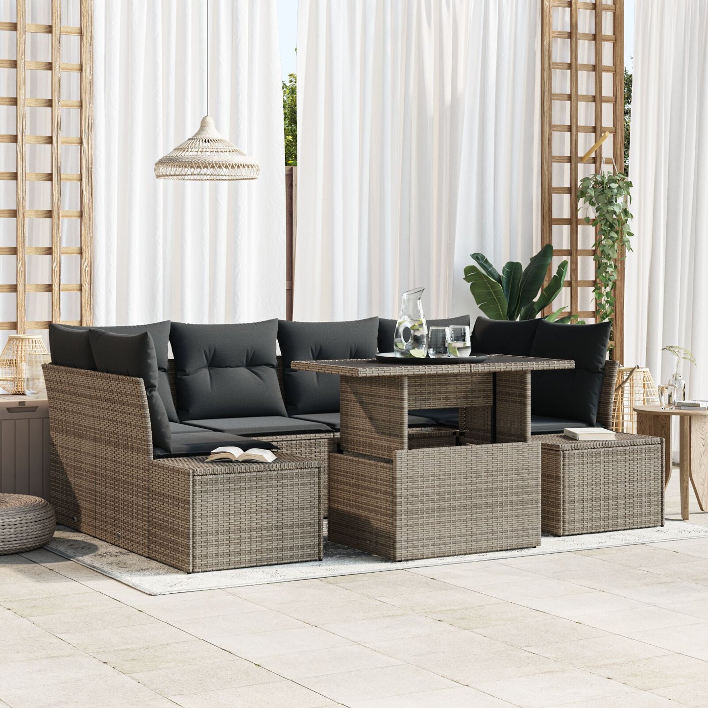 Tuin Sofa Set Set Van 7 Grijs Riet En Polyester Tuin Sofa Set