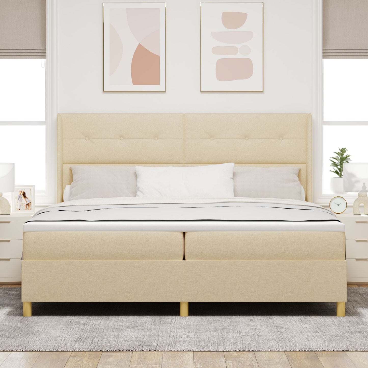 Boxspring Bed Met Matras & Led Crème 200X200 Cm Stof Blauw