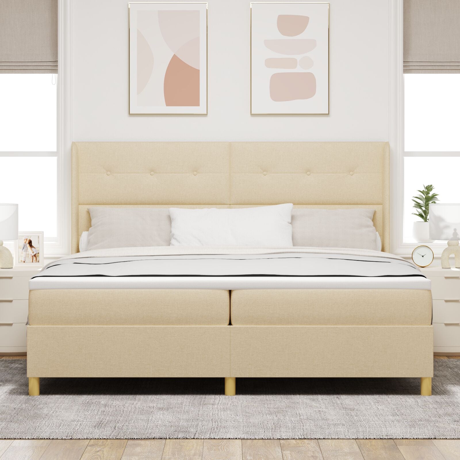 Boxspring Bed Met Matras & Led Crème 200X200 Cm Stof Blauw