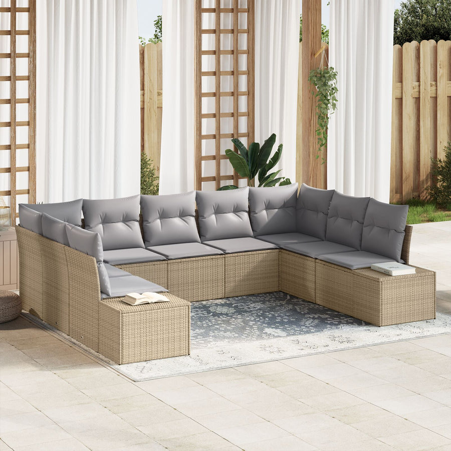 9-Delige Tuin Sofa Set Met Kussens Poly Rattan Beige en grijs zonder tafel