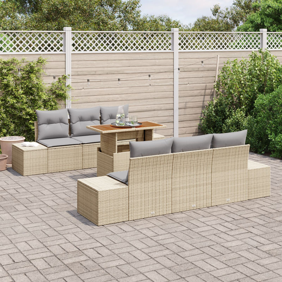 Tuin Sofa Set Set Van 7 Beige Riet Buiten Tafel Rechthoekig