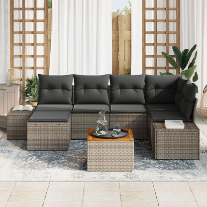 7-Delige Tuin Sofa Set Met Kussens Grijs Poly Rattan Acacia