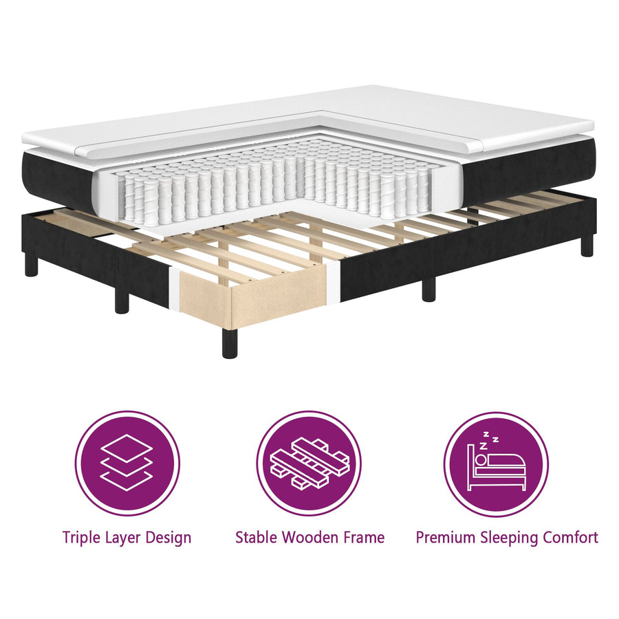 Boxspringbed Met Matras Zwart Eenpersoons Fluweel Blauw