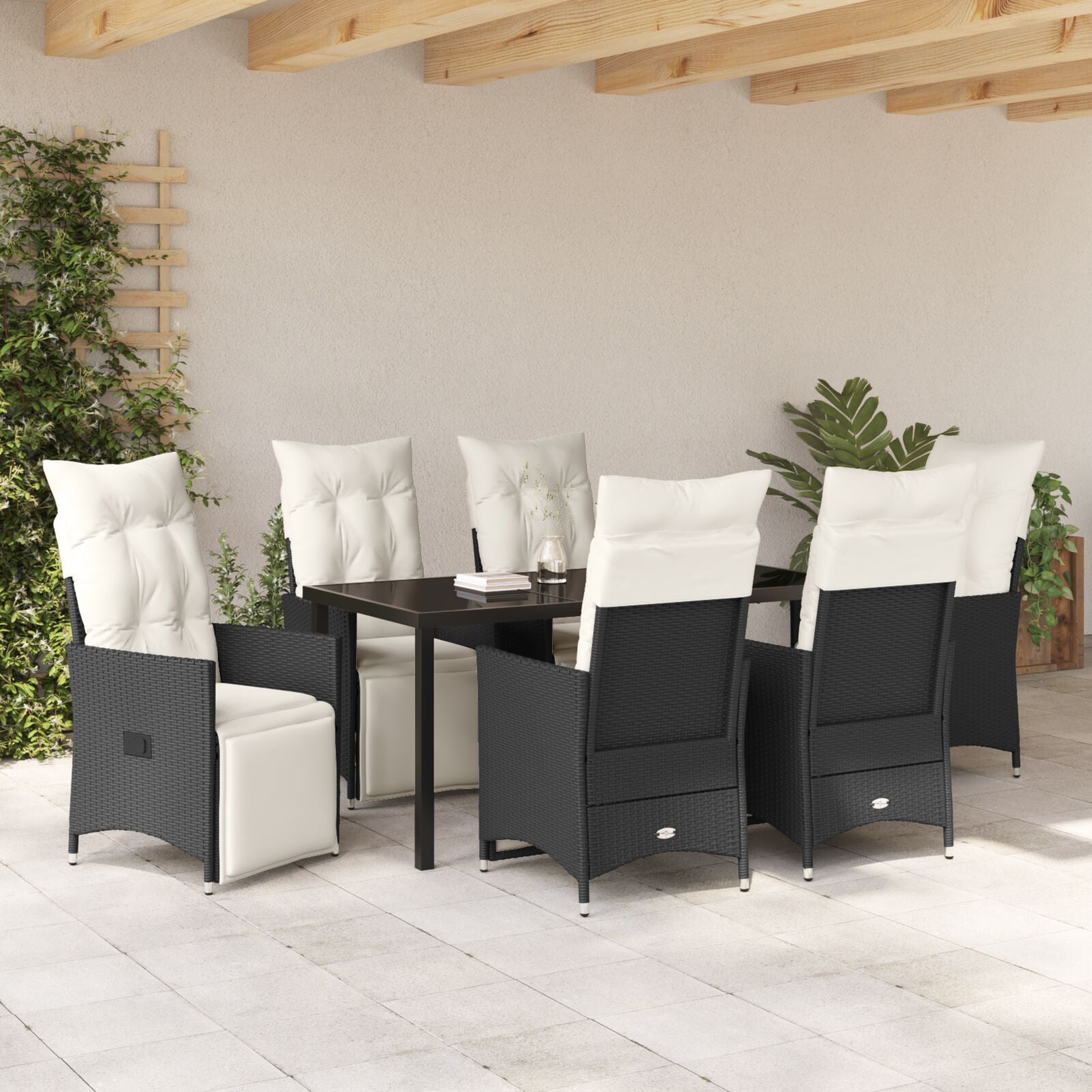 7-Delige Tuin Eetset Met Kussens Zwart Poly Rattan