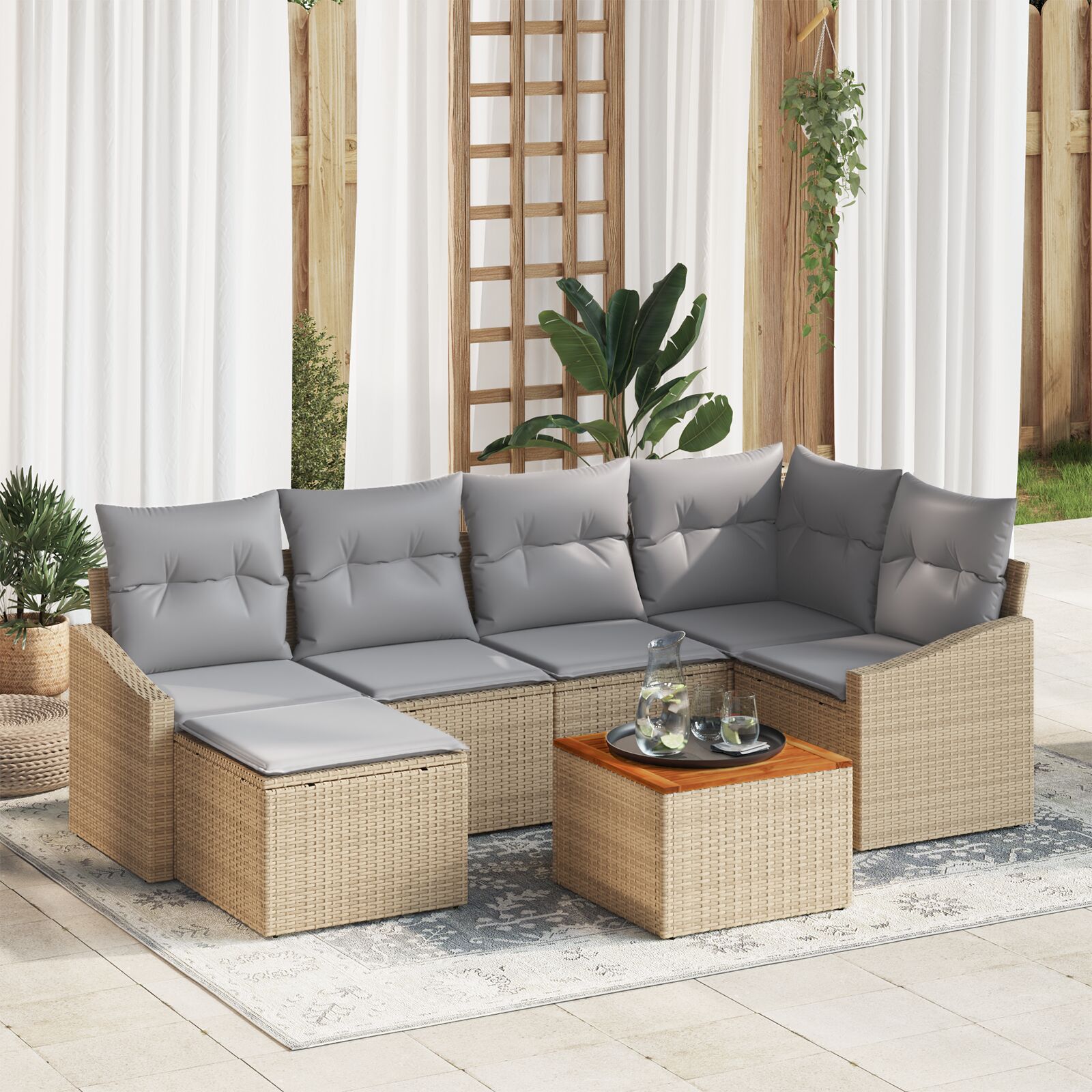 7-Delige Tuin Sofa Set Met Kussens Beige Poly Rattan Acacia