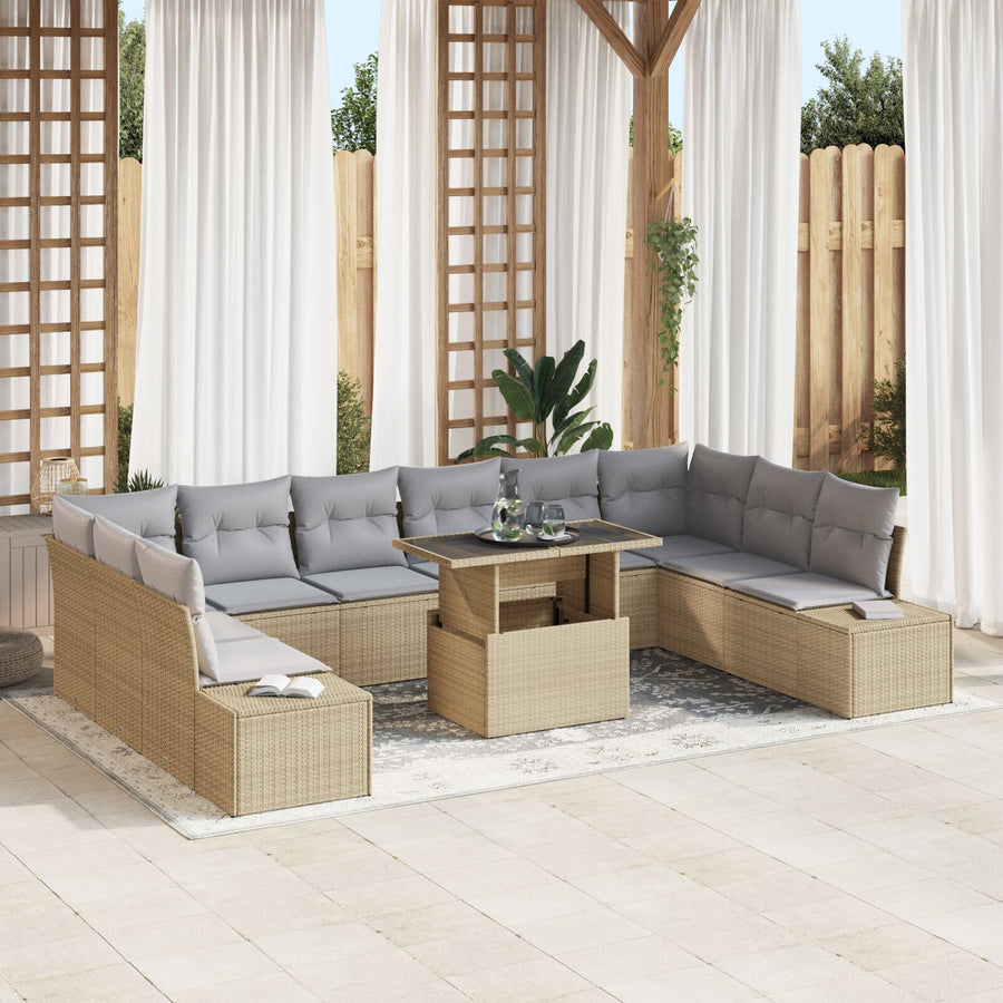 Tuinbankset Set Van 11 Beige, Grijs Riet, Polyester Buitenmeubels