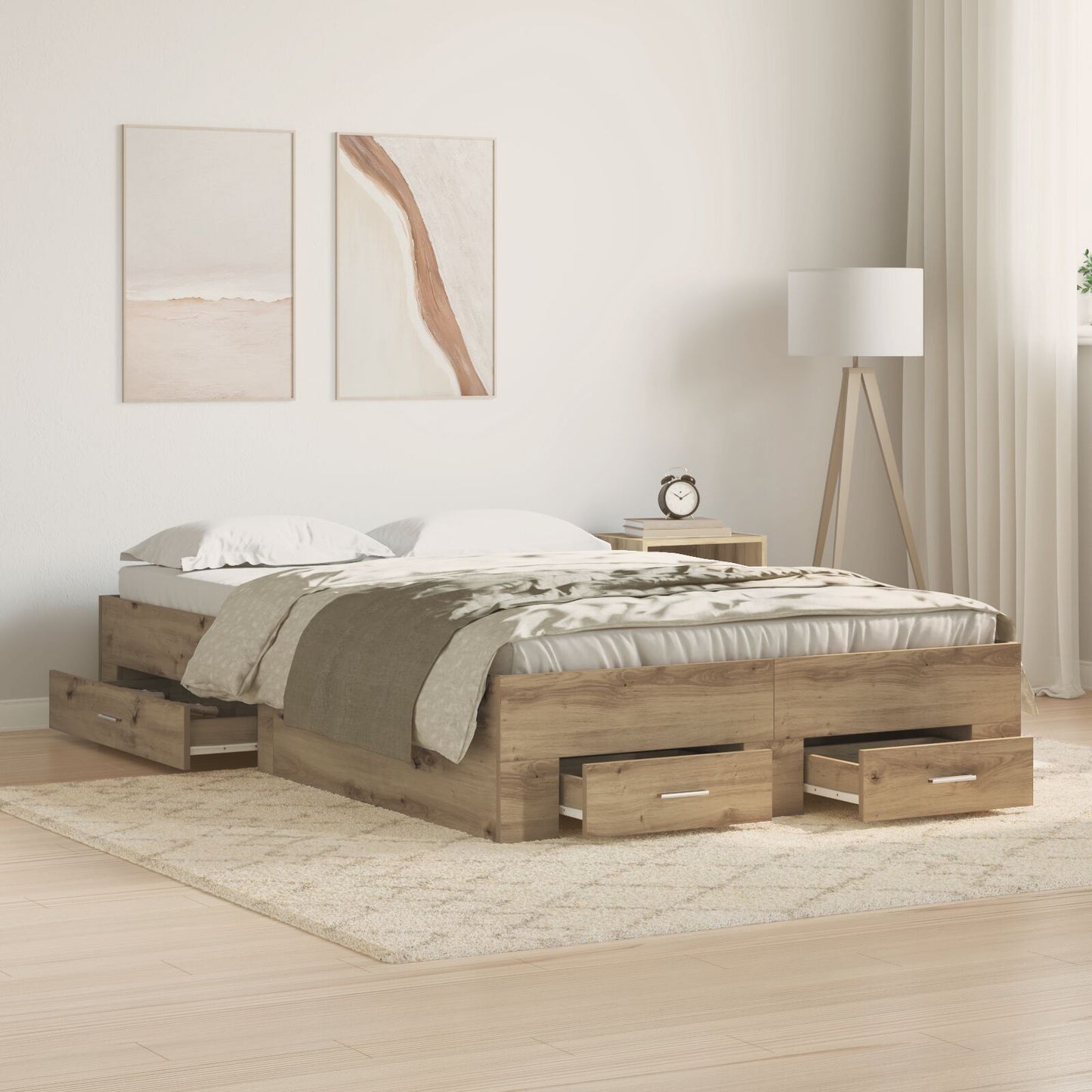 Bedframe Met Lades Artisan Eiken 120X200 Cm Bewerkt Hout Ambachtelijk Eiken