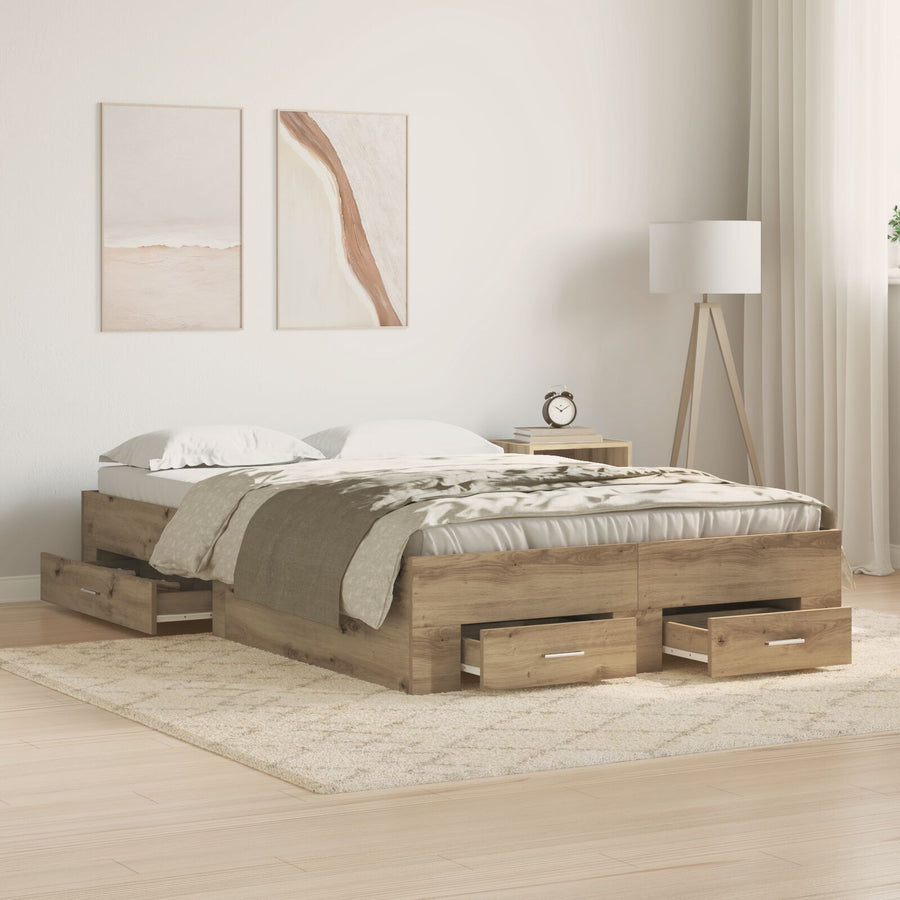 Bedframe Met Lades Artisan Eiken 120X200 Cm Bewerkt Hout Ambachtelijk Eiken