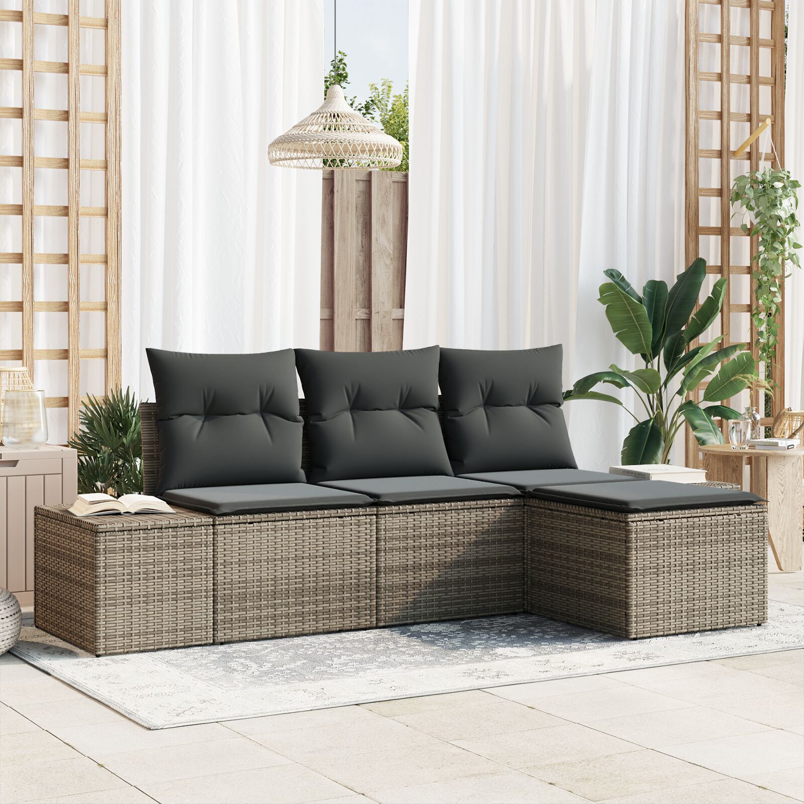 4-Delige Tuin Sofa Set Met Kussens Grijs Poly Rattan