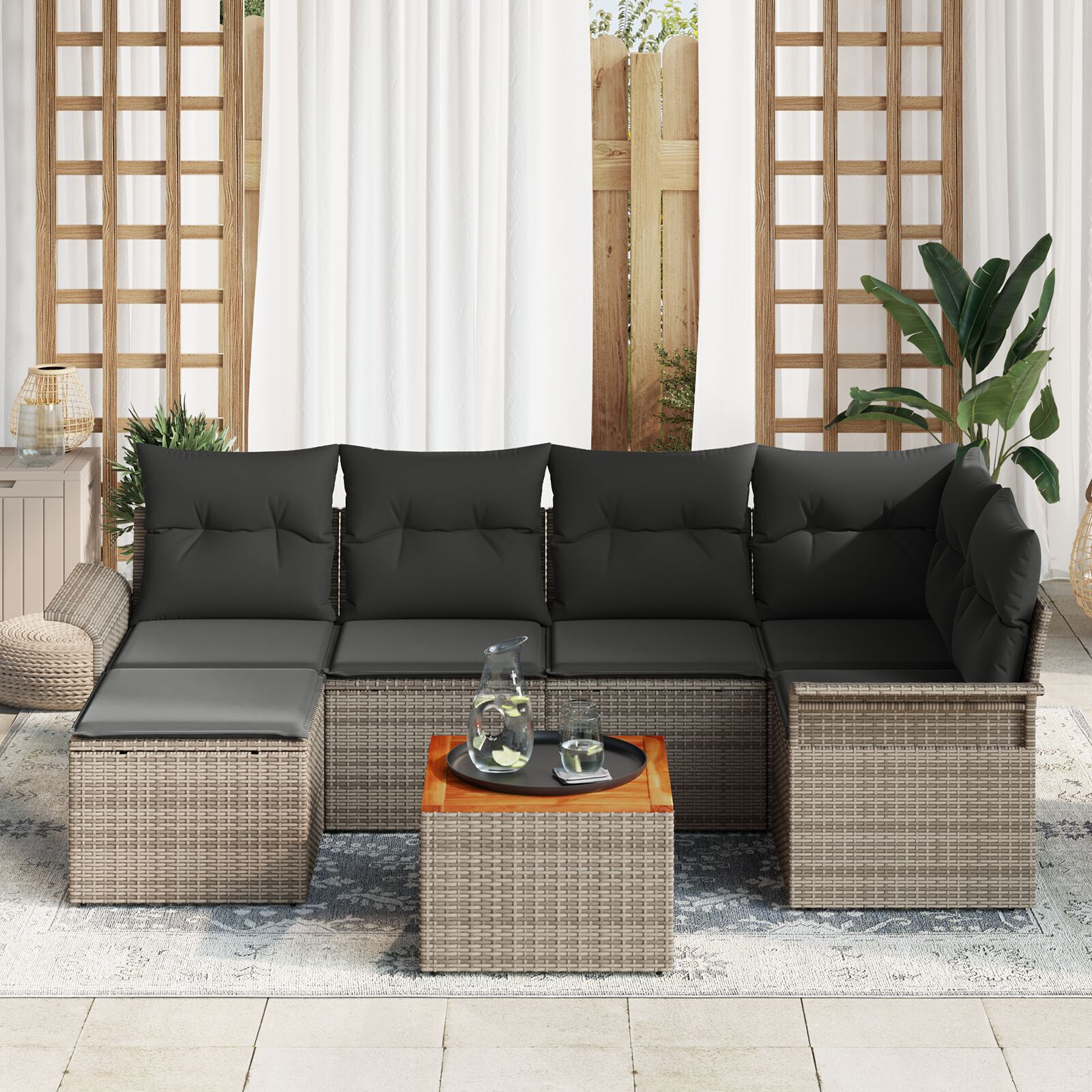 7-Delige Tuin Sofa Set Met Kussens Grijs Poly Rattan Acacia