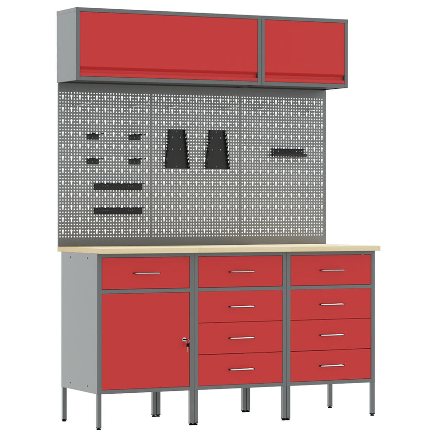 8-Delige Werkbank Set Staal 3x (84/85/85 cm) Rood 3x kast + 3x pegboard + 2x kast met deur