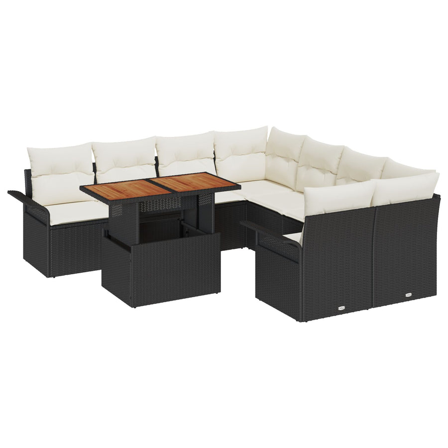 9-Delige Tuin Sofa Set Met Kussens Zwart Poly Riet Acacia