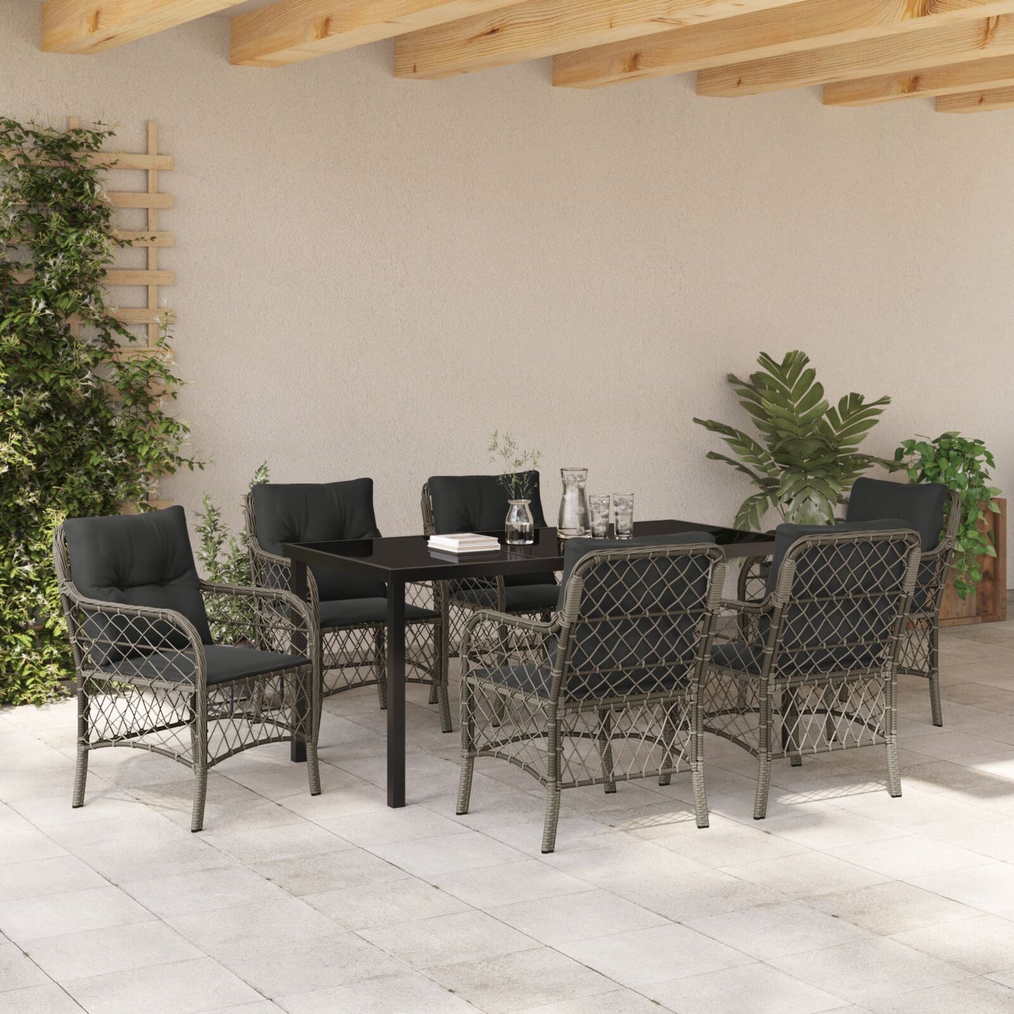 7-Delige Tuin Eetset Met Kussens Grijze Poly Rattan