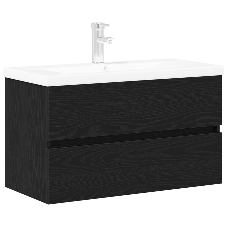 Wastafelkast Met Ingebouwde Wastafel Zwart Eiken Engineered Hout,  Wastafelkast Zwart Eiken 80X38.5X45 Cm Engineered Hout