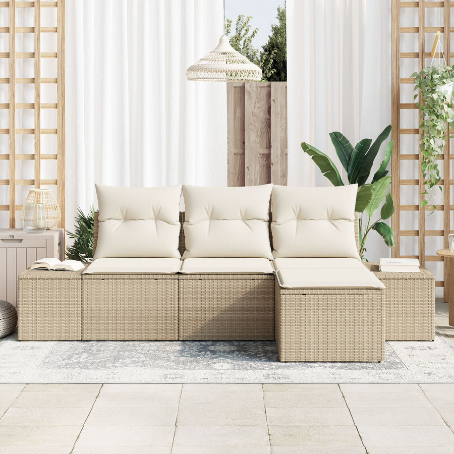 Tuinbank Set Set Van 4 Beige En Crème Rattan, Polyester Kussens
