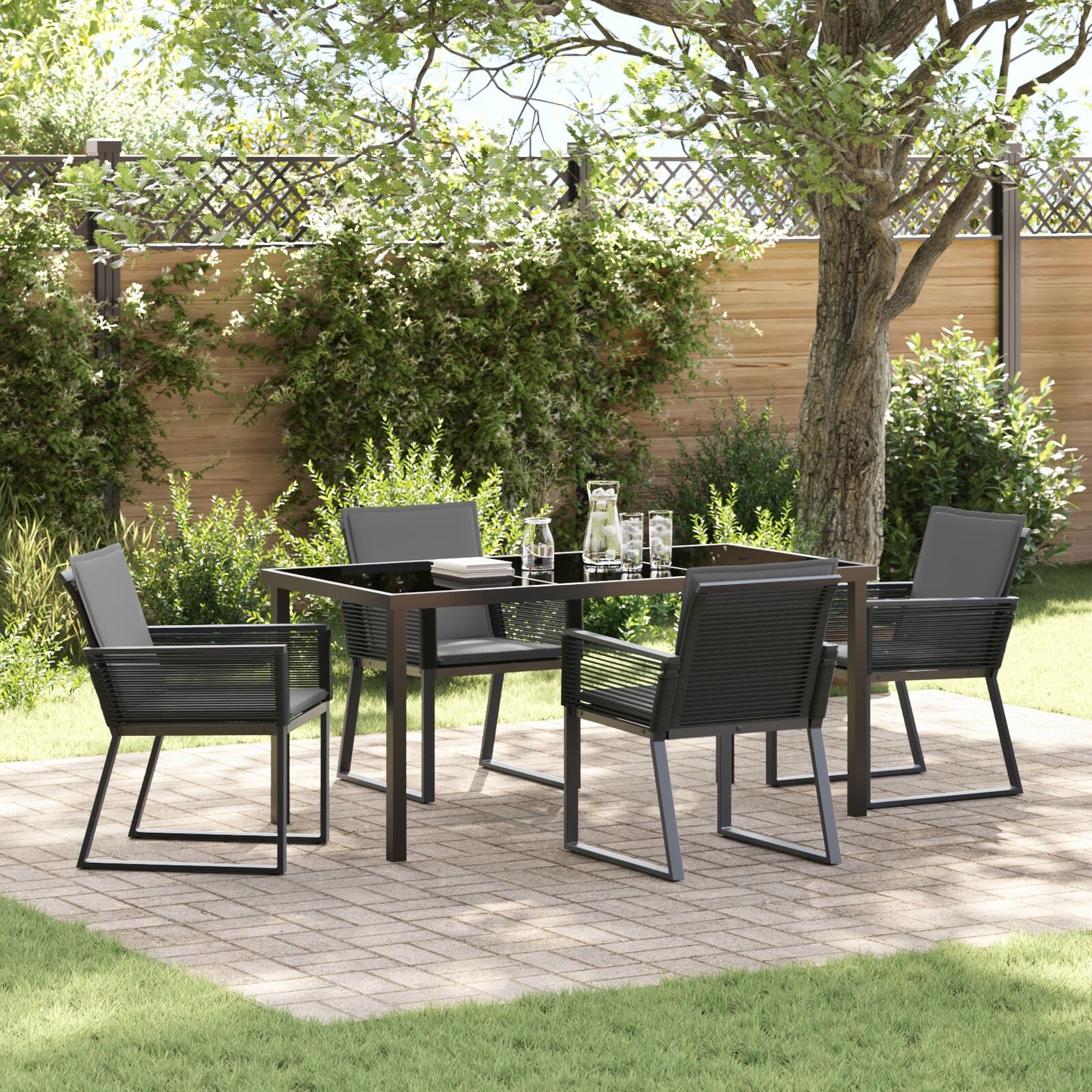 5-Delige Tuin Dining Set Met Kussens Zwart Poly Rattan