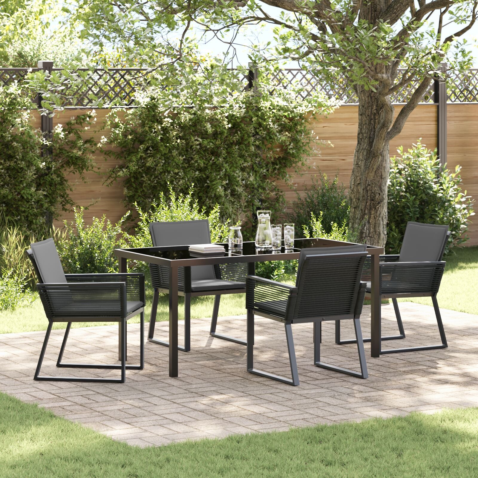 5-Delige Tuin Dining Set Met Kussens Zwart Poly Rattan