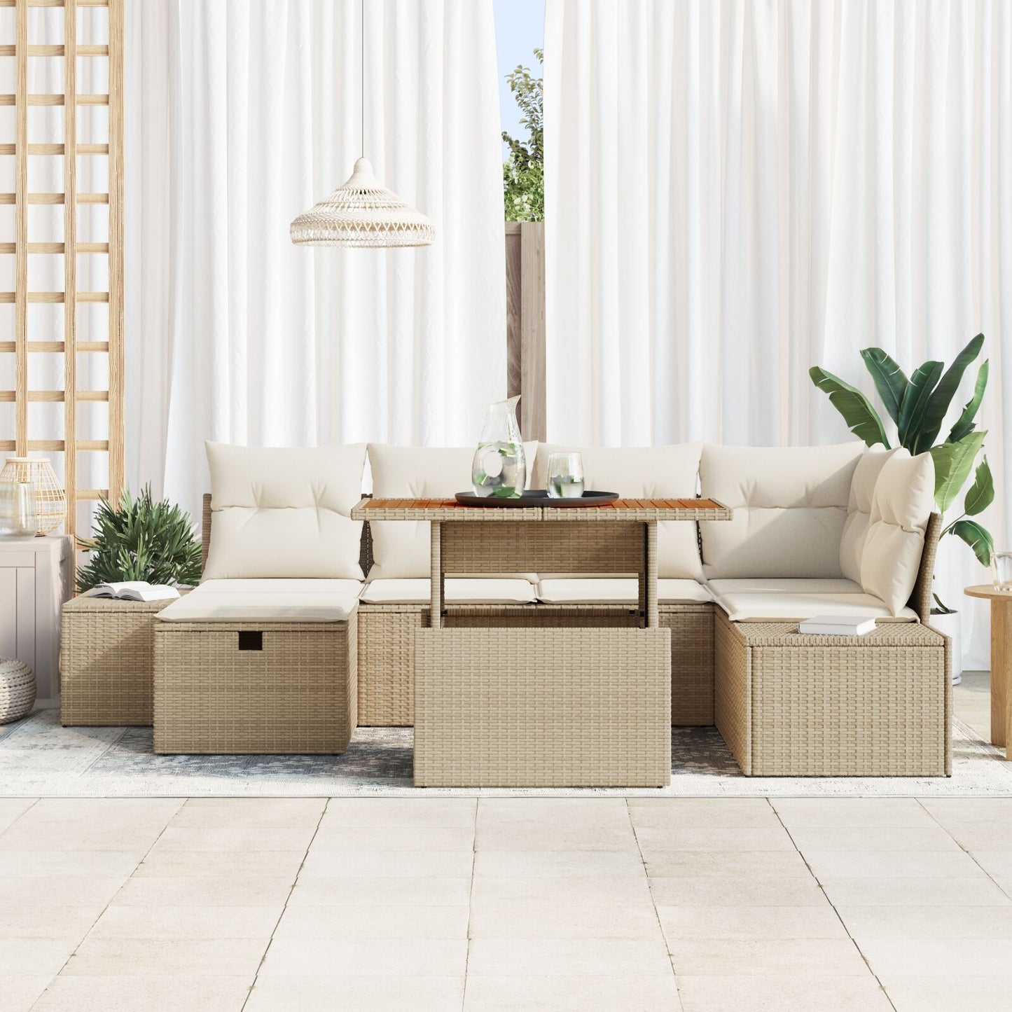 7-Delige Tuindining Set Met Kussens Beige Poly Riet Acacia Wit