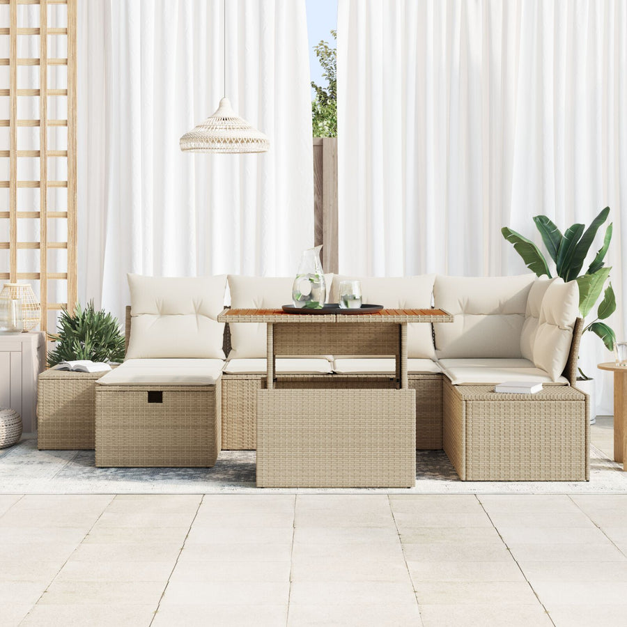 7-Delige Tuindining Set Met Kussens Beige Poly Riet Acacia Wit