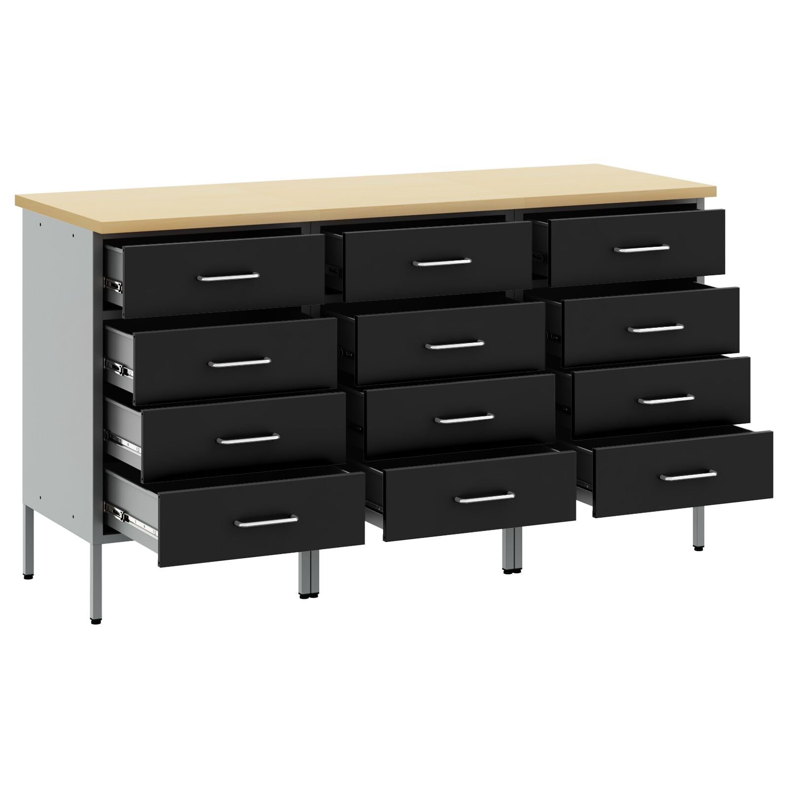 Werktafel 3-Delig En Grijs Hout En Staal 3x (85 cm) Zwart 3x kast