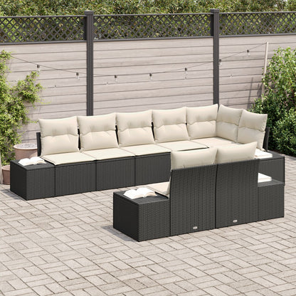 8-Delige Tuinbankset Met Kussens Poly Rattan Zwart en crème zonder tafel