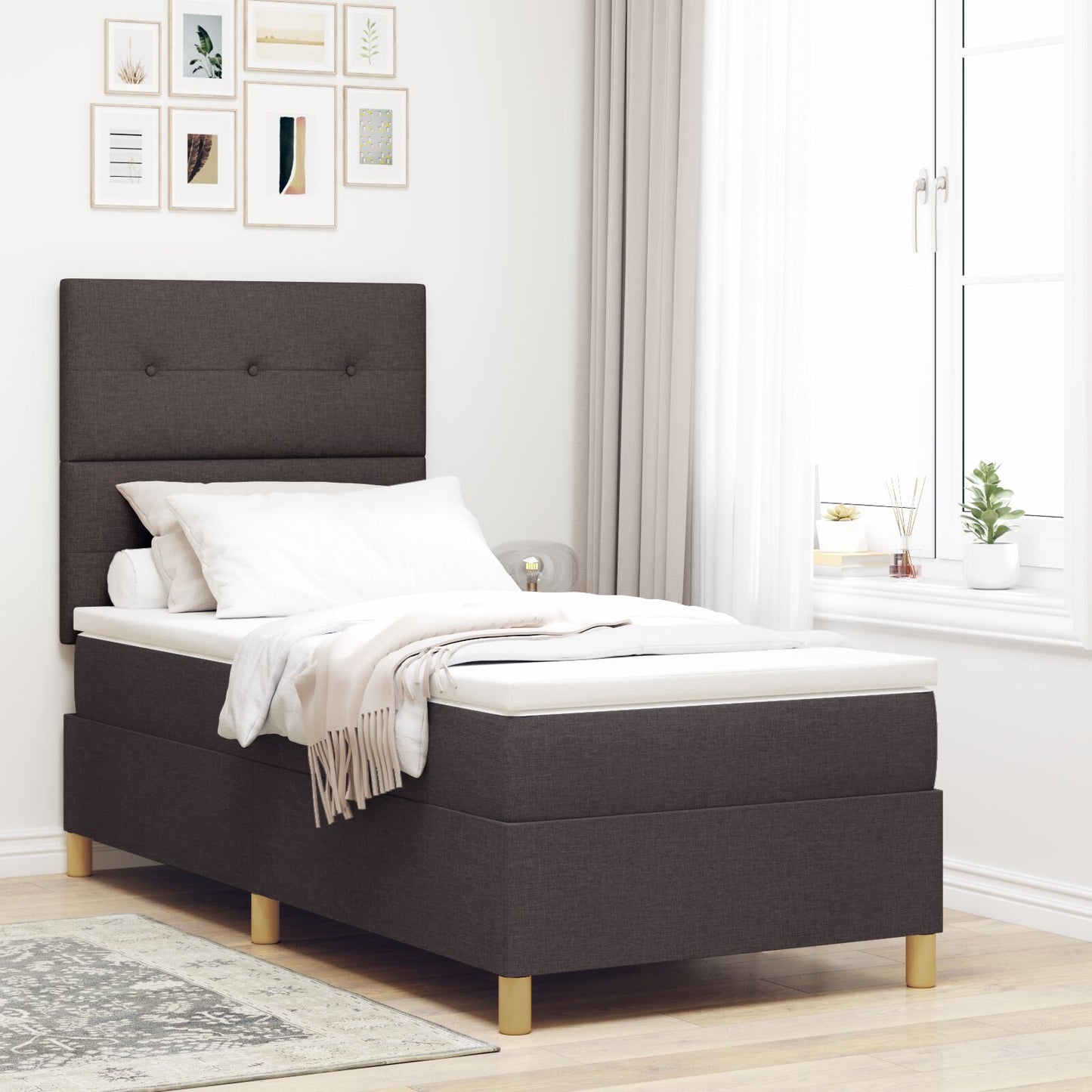 Boxspring Bed Met Matras Donkerbruin 90X200 Cm Stof Blauw