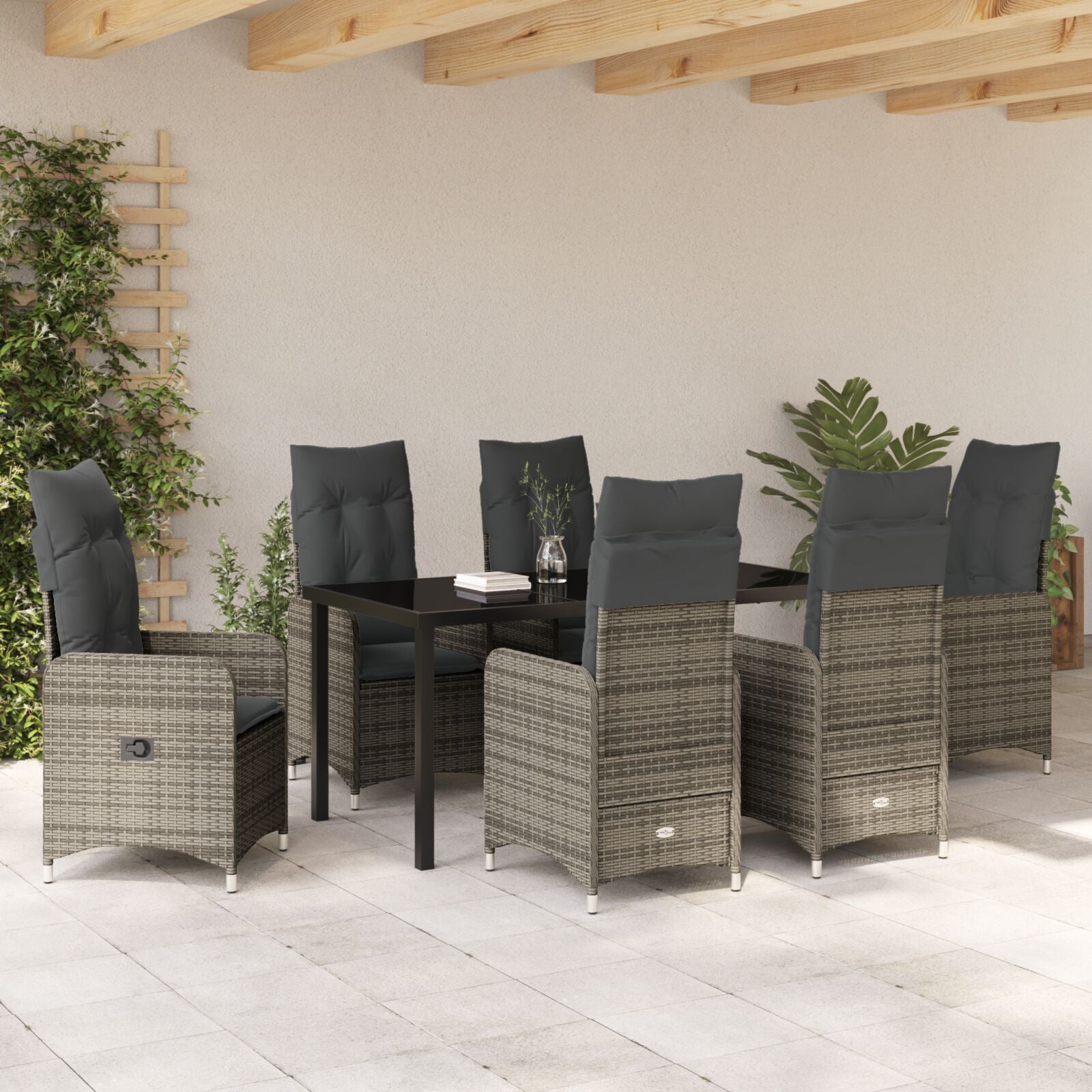 7 Delige Tuin Eetset Met Kussens In Grijs Poly Rattan