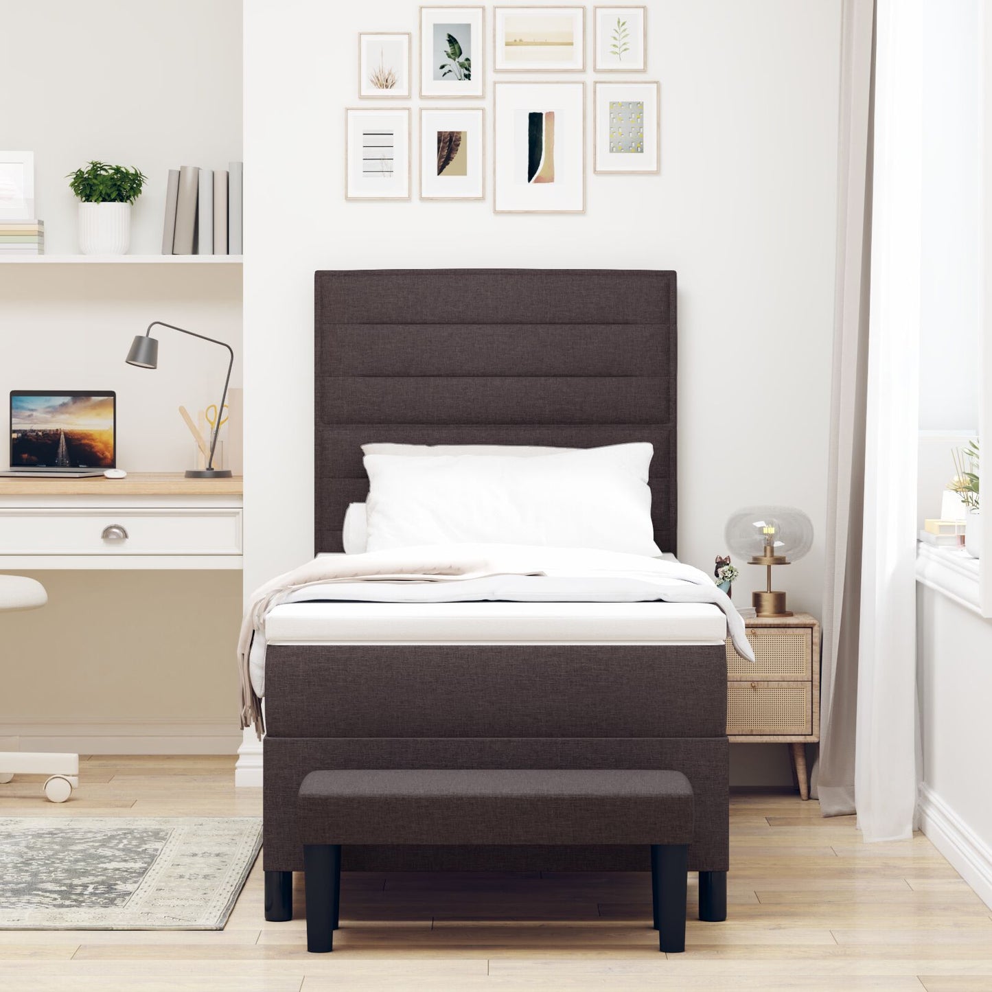 Boxspringbed Met Matras & Bank Stof Donkerbruin 100 x 200 cm Lijnen design