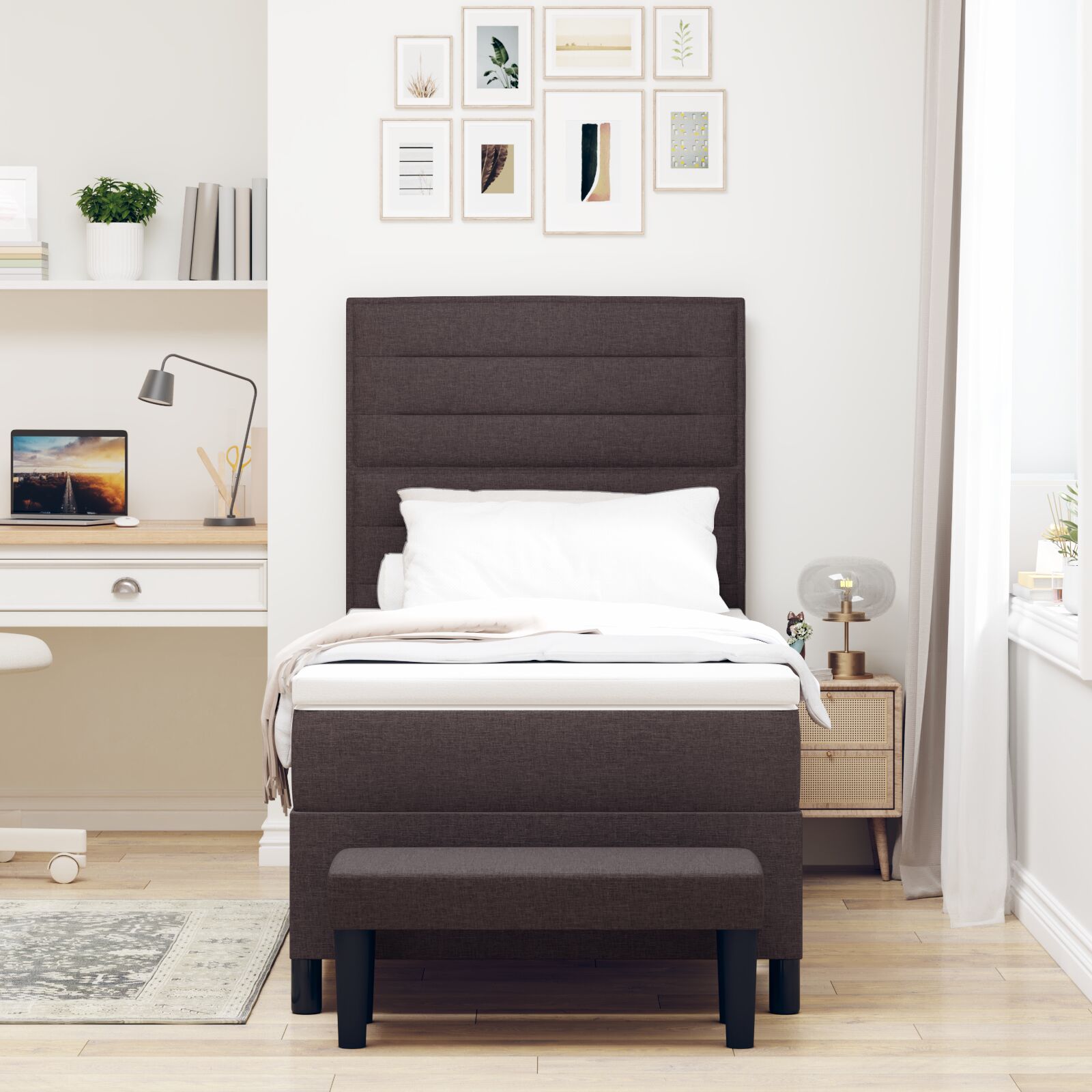 Boxspringbed Met Matras & Bank Stof Donkerbruin 100 x 200 cm Lijnen design