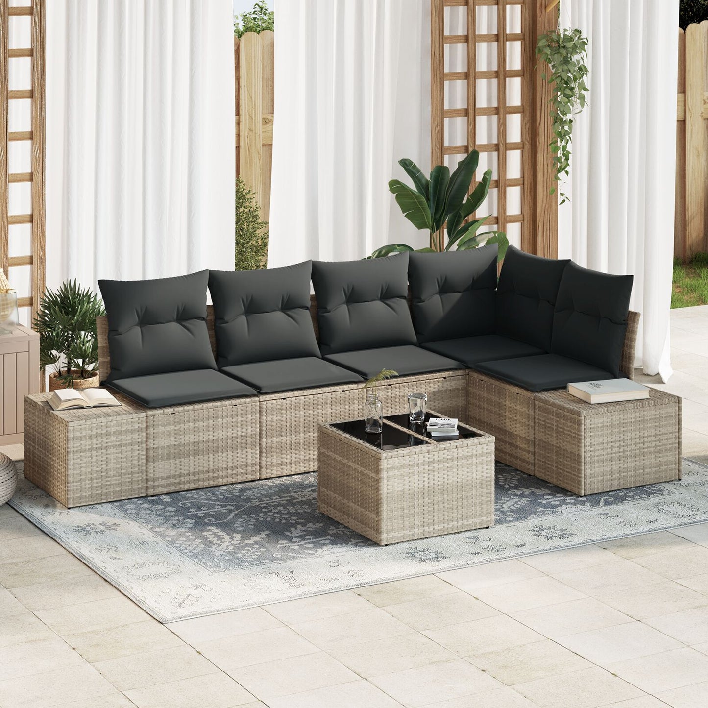 6 Delige Tuin Sofa Set Met Kussens Grijs Poly Rattan Lichtgrijs met tafel