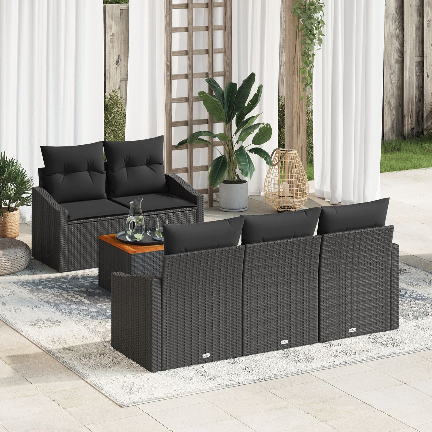 6-Delige Tuin Sofa Set Met Kussens Zwart Poly Rattan Acacia
