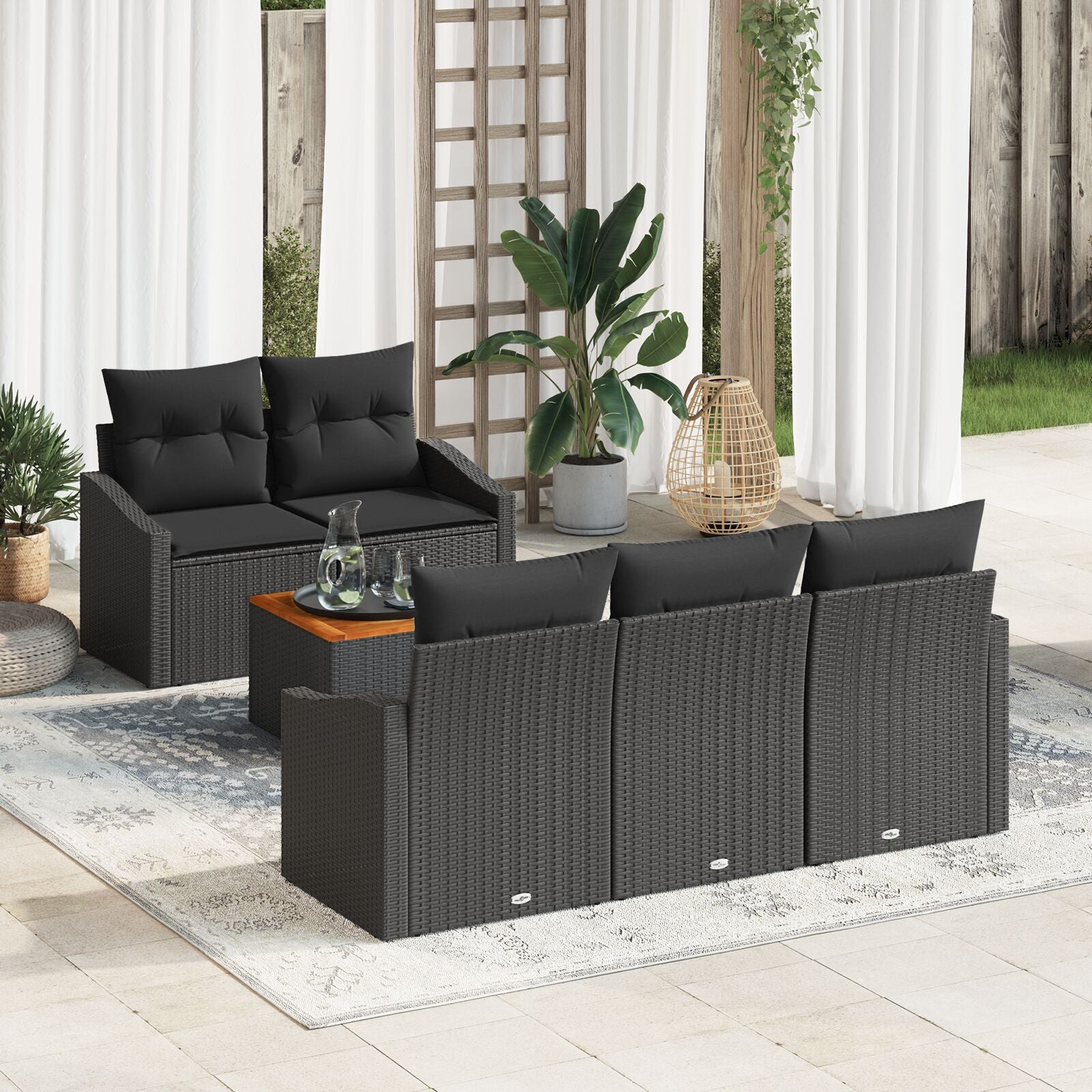 6-Delige Tuin Sofa Set Met Kussens Zwart Poly Rattan Acacia