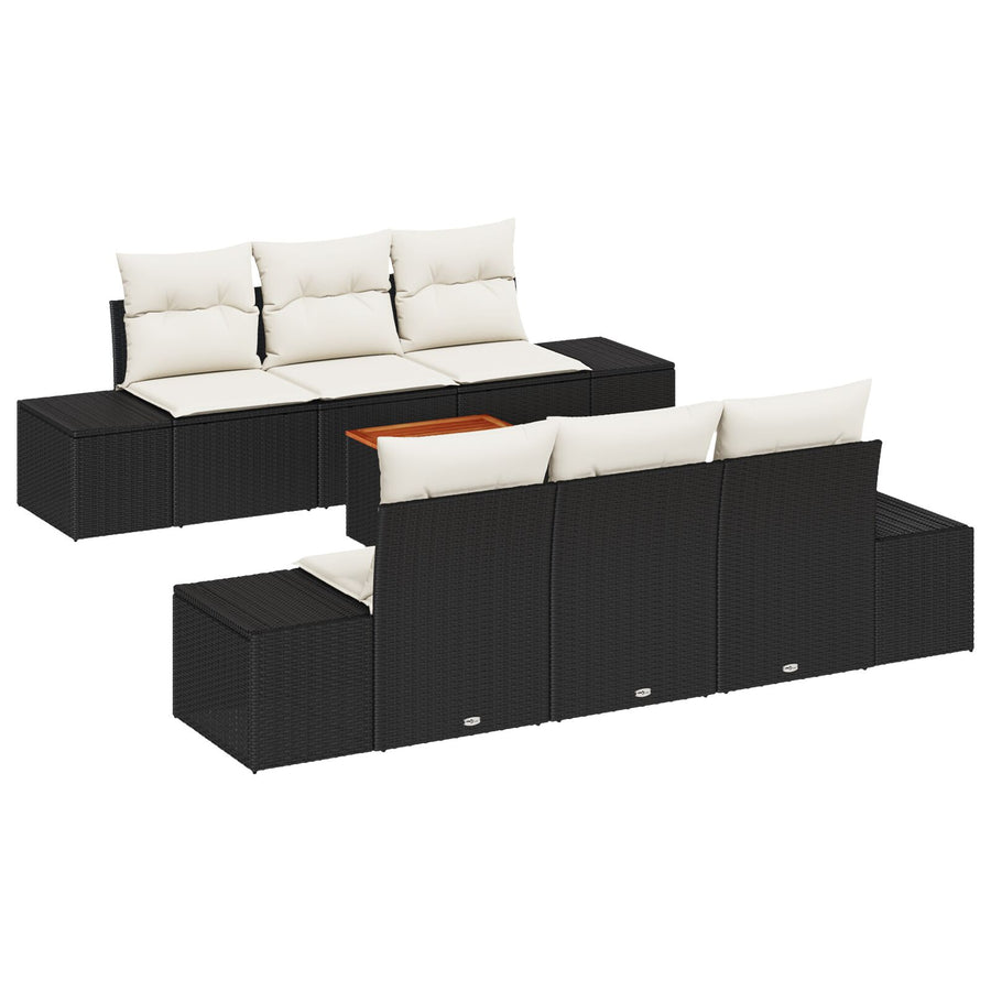 7-Delige Tuinbankset Met Kussens Zwart Poly Rattan Acacia